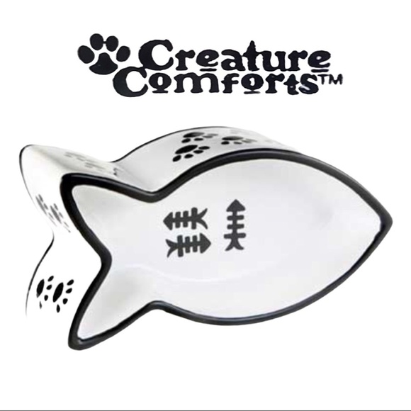 Black & White Ceramic Fish Shaped Cat Bowl - Picture 1 of 14
